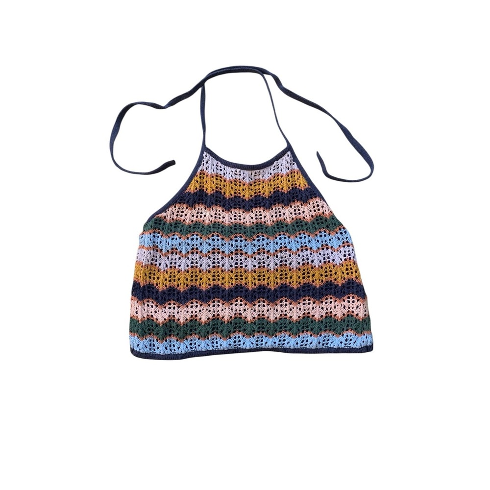American Eagle Crochet Halter Top XS Boho Striped Knit Festival Crop Top
